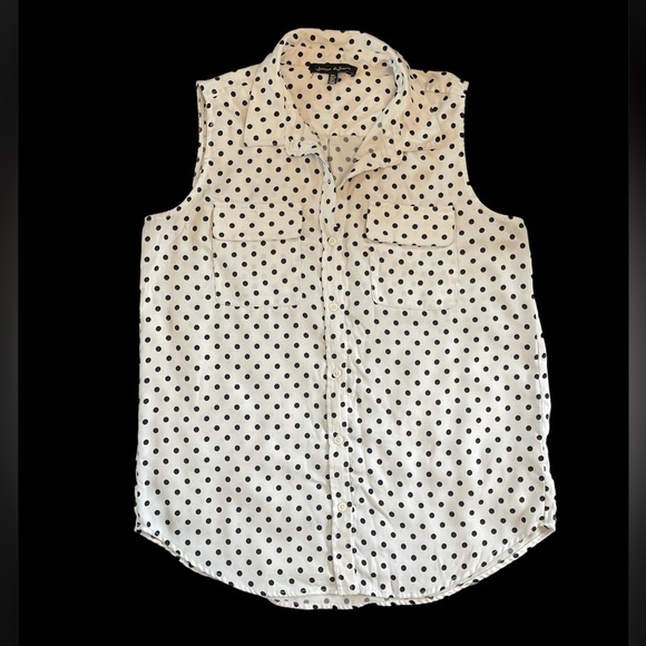 White with black polkadot button down sleeveless dress shirt business casual - Picture 2 of 7